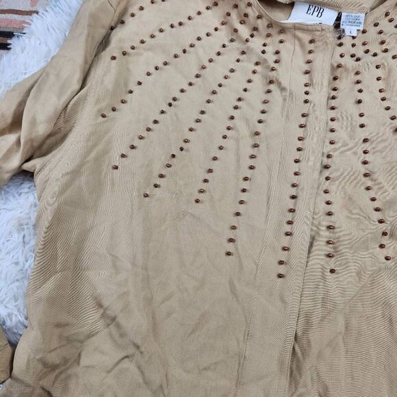 Vintage Tan Button Up Blouse Women's Large 100% Silk EPB Easy - Picture 7 of 7